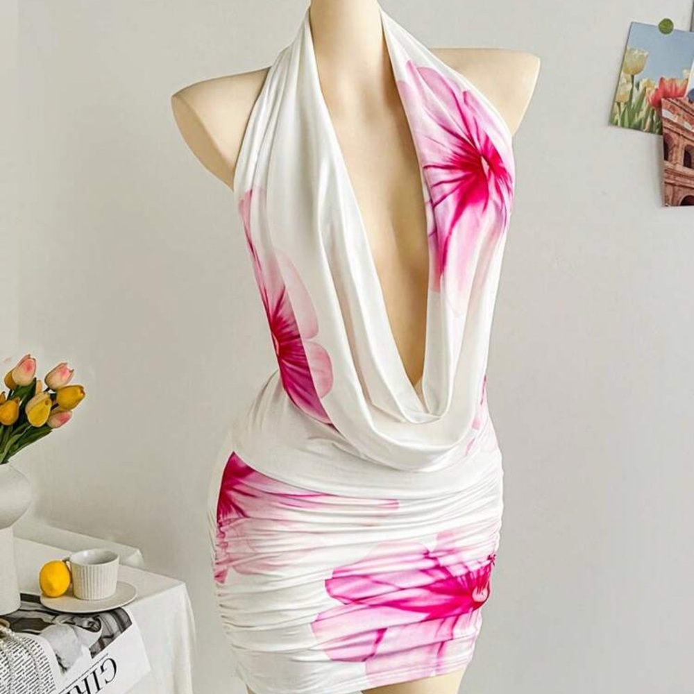 White and Pink Sleeveless Bodycon Mini Dress
